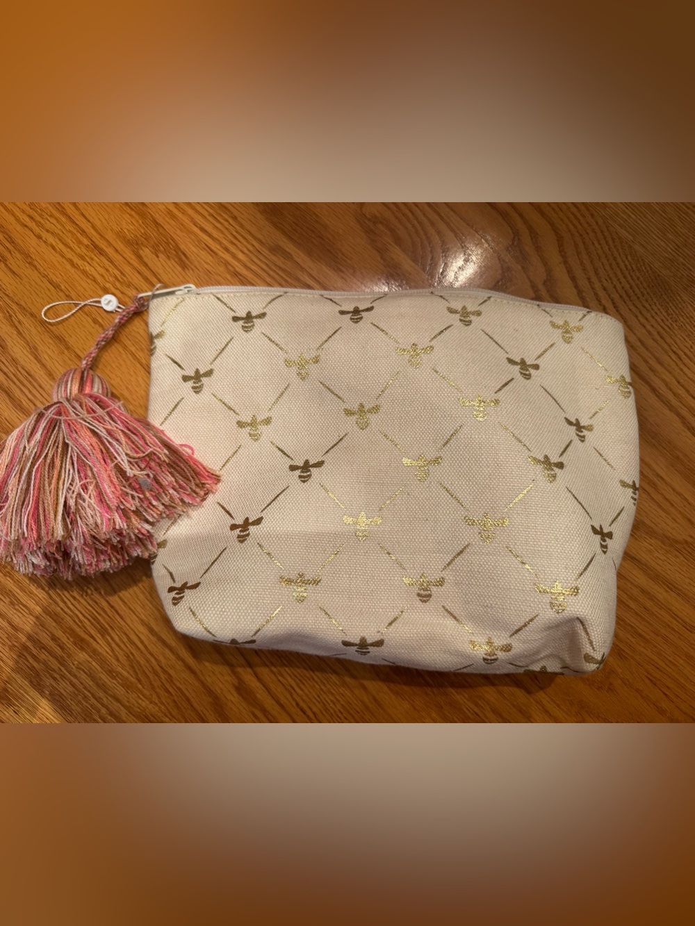 Cream Cosmetic Pouch with Gold Bee Print